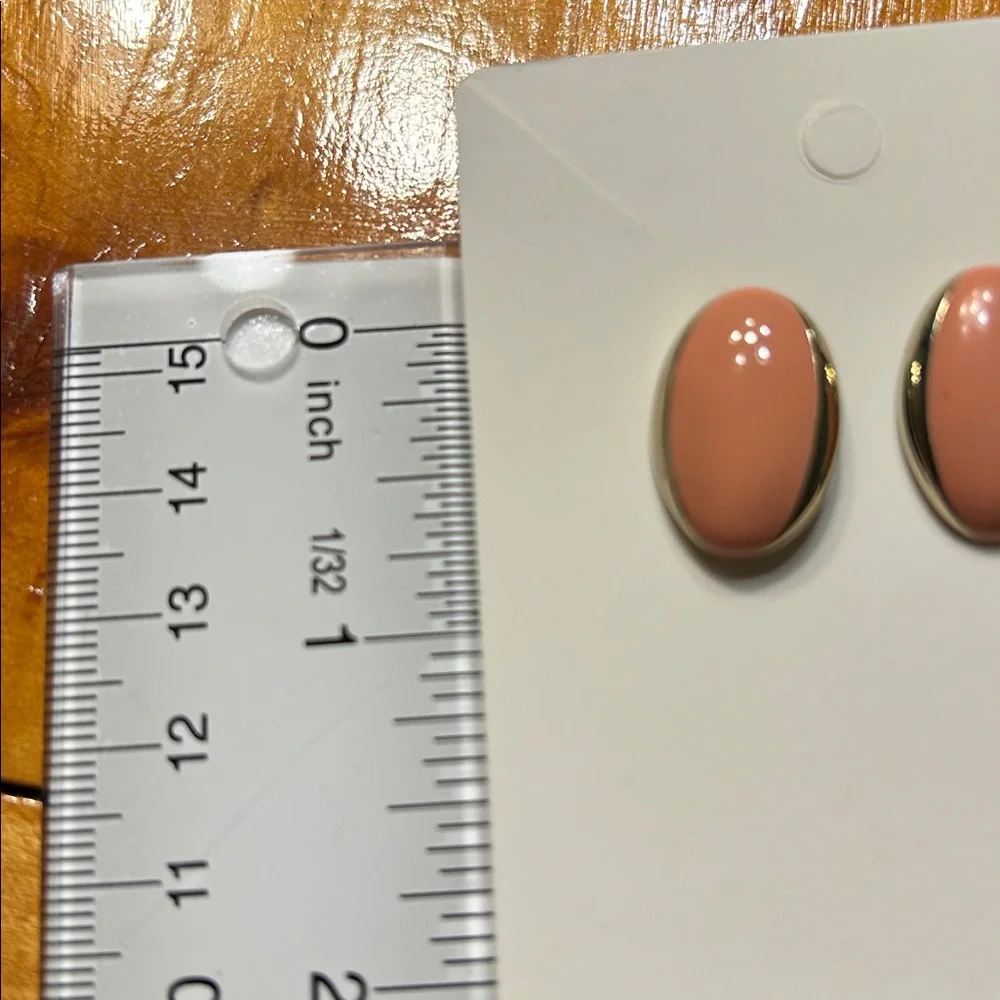 Pink Coral Enamel Gold Edge Oval Stud Earrings Vintage 80s